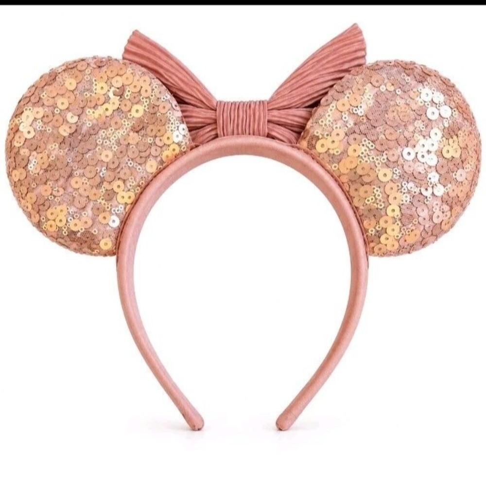 Mini Mouse Style Rose Gold Sequined Ears Headband Pink Pleated Bow